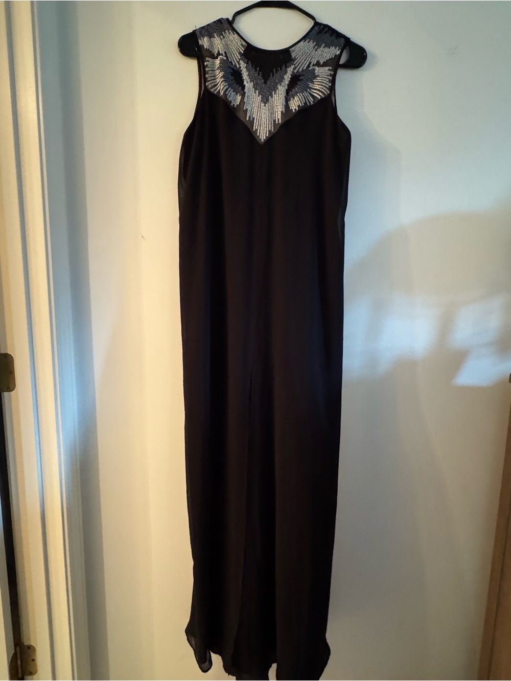 Black Maxi Dress with Silver and Blue embroidered Yoke